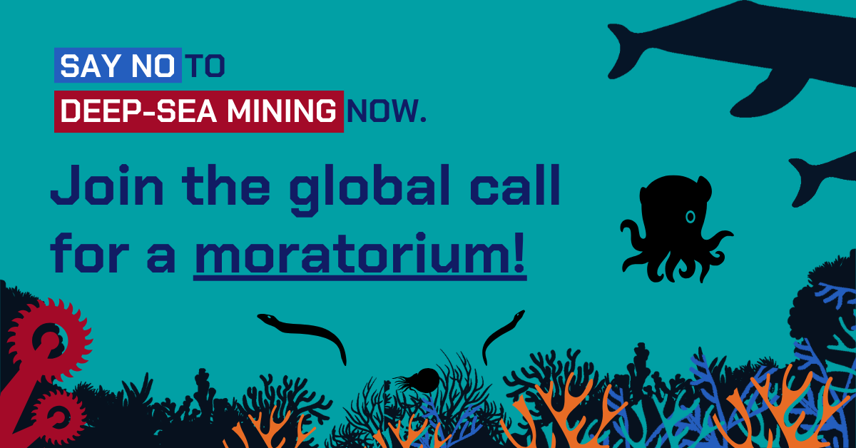 Deep sea mining campaign image depicting sea life on a turquoise background, overlaid with text reading: "Join the global call for a moratorium".
