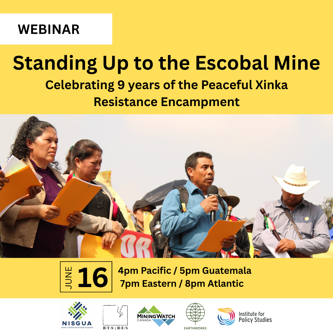 Yellow and white webinar graphic, with an image of Xinka leaders.